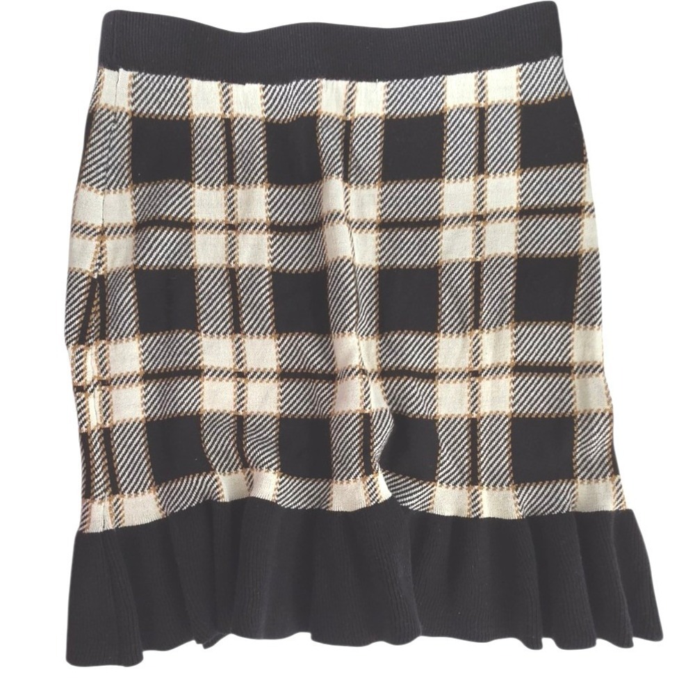 Cato Black White Tan Plaid Knit Ruffle Hem Mini Skirt Small